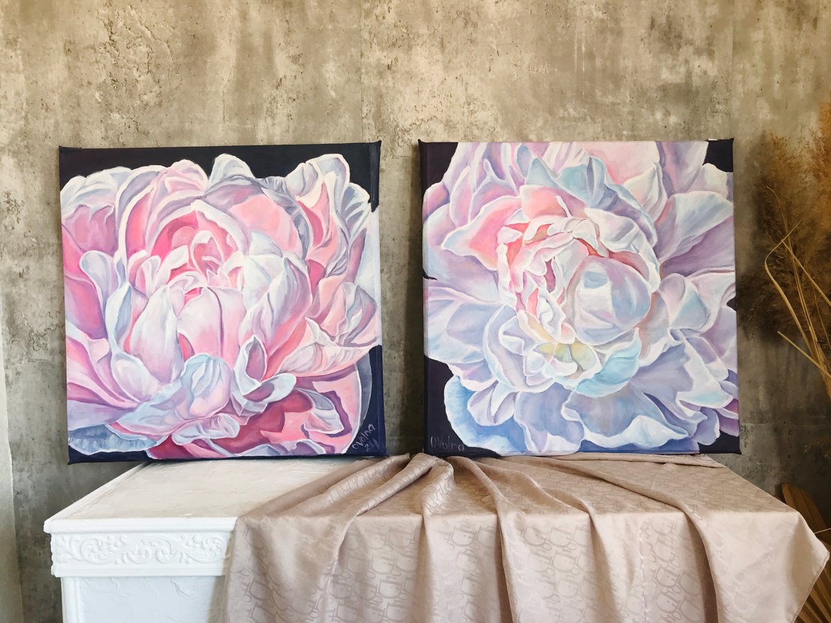 Impressionistic Botanical Oil Painting By Olga Volna, 39 X 20", Diptych Peonies, Original Artwork