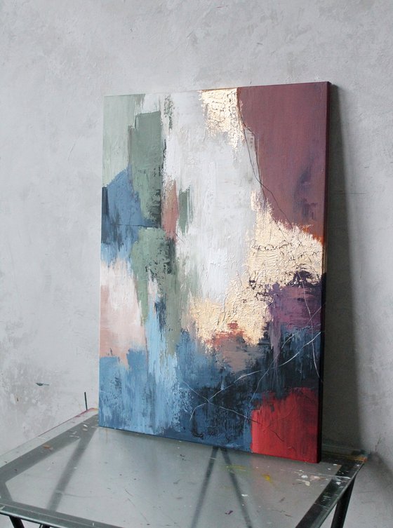 "Pink Brume" Pink blue gold abstract art