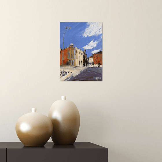 Salamanca street. Original oil painting. Small painting impression interior decor detail city spain salamanca