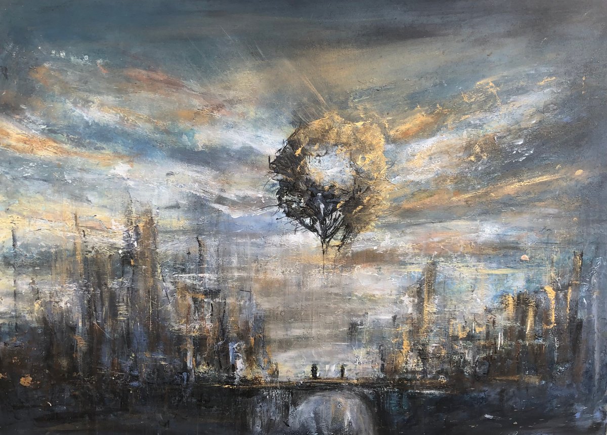 Illustrative Landscape Oil Painting By Snezana Djordjevic, 20 X 14", The City In The Clouds, Original Artwork