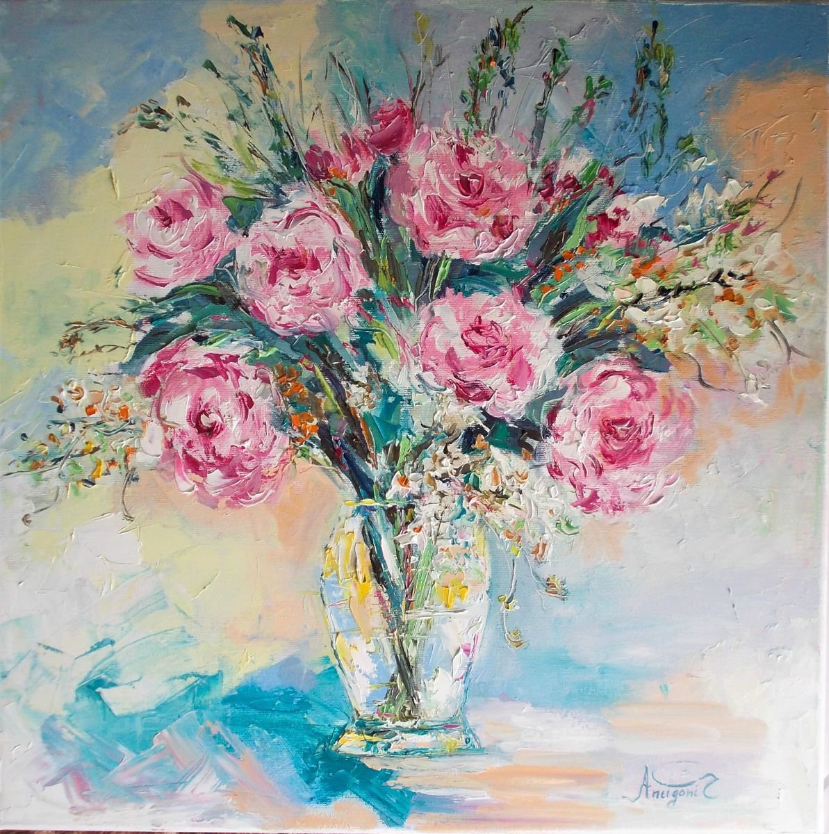 Morning Joy-Roses oil painting-Still life roses by Antigoni Tziora