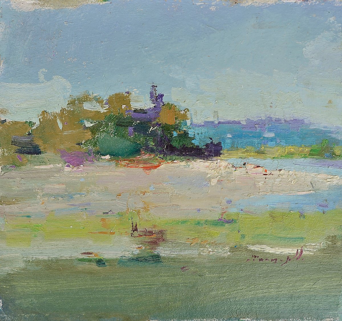 Impressionistic Landscape Oil Painting By Alexander Shandor, 14 X 13, Near The River, Original Artwork