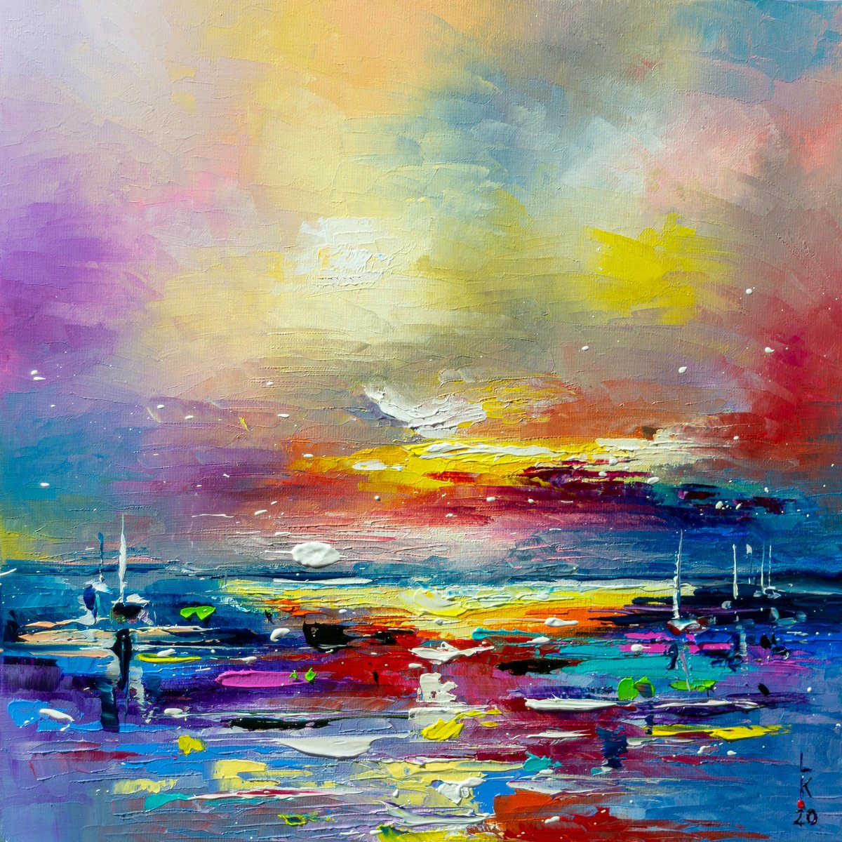 Abstract Landscape Oil Painting By Liubov Kuptsova, 12 X 12", Sunset At Sea, Original Artwork