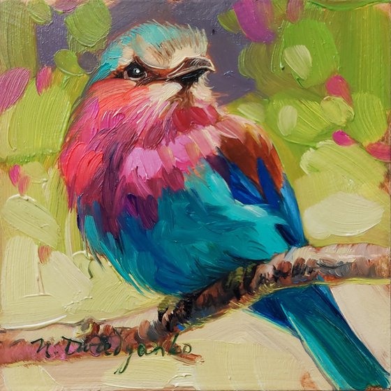 Bird painting original 4x4, Lilac-breasted Roller bird small frame art in blue, Mini oil painting shelf decor ideas