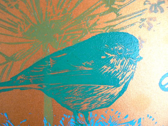 Flora and fauna with greens and blues (#1) on Golden "mai tai" fabriano card