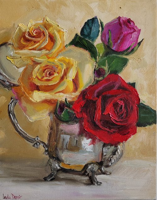 Yelow roses bouquet in Antique Metal Teapot still life bright oil painting 10x12'' by Leyla Demir