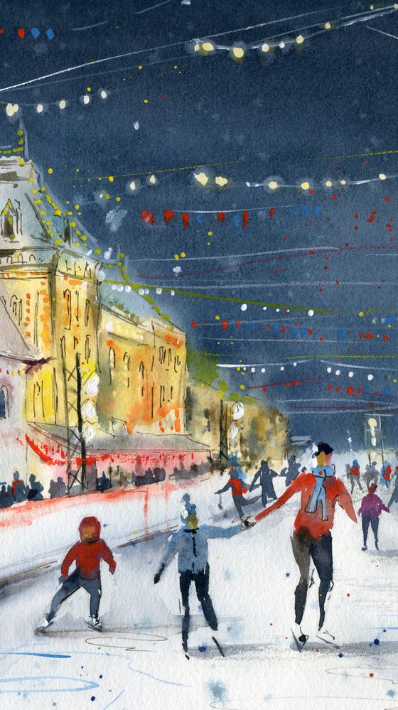 Skating rink on Red Square, Moscow. Original watercolor artwork.