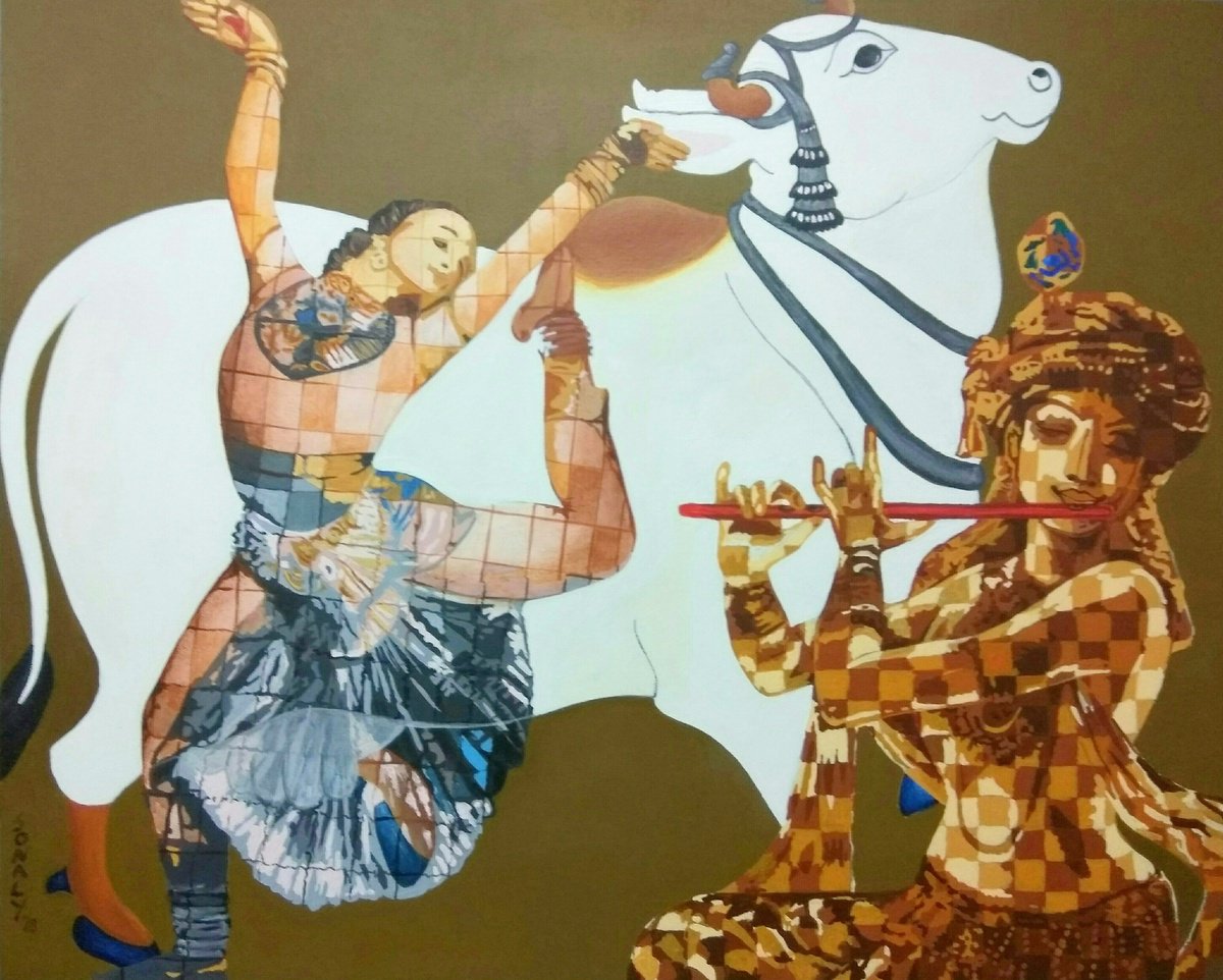 Expressive Portrait Acrylic Painting By Sonaly Gandhi, 30 X 24", Radha Krishna And Happy Cow, Original Artwork
