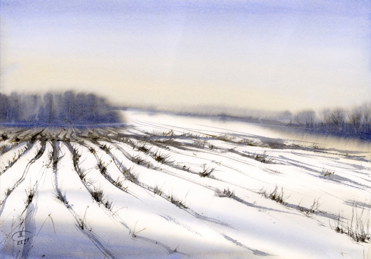 Impressionistic Landscape Watercolour By Tatyana Tokareva, 17 X 12", Regularity / Winter Fields, Original Artwork