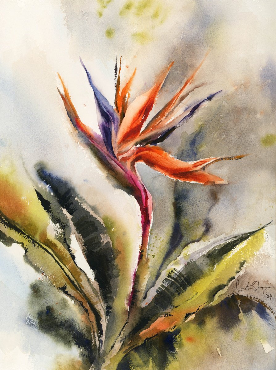 Impressionistic Botanical Watercolour By Sophie Rodionov, 12 X 16", Bird Of Paradise Flowers, Original Artwork