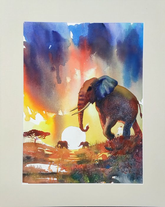 African Sunset in Watercolor