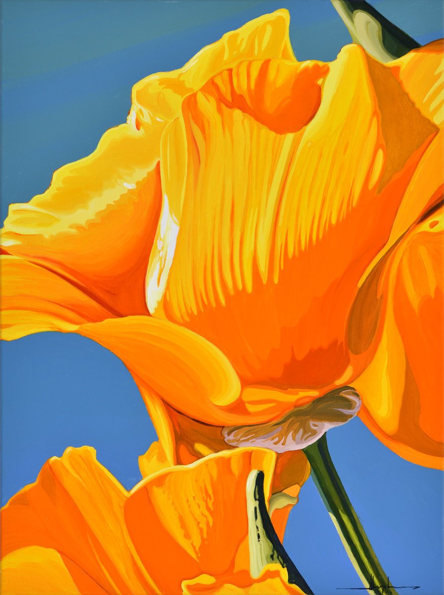 Urban And Pop Botanical Acrylic Painting By Alex Nizovsky, 18 X 24, Californian Poppy And Wind #3, Original Artwork