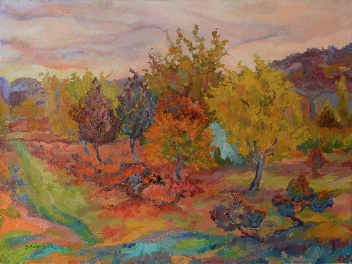 Impressionistic Landscape Oil Painting By Vachagan Manukyan, 31 X 24", Autumn, Original Artwork