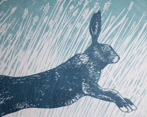 Through the Long Grass Vol 2, Hare running Linocut, Mounted