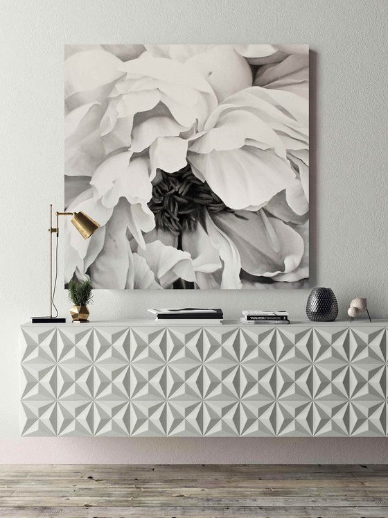 "Blossomed peony" Black white flower oil art