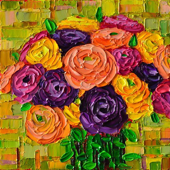 COLOURFUL BUTTERCUPS RANUNCULUS FLOWERS - palette knife floral oil painting