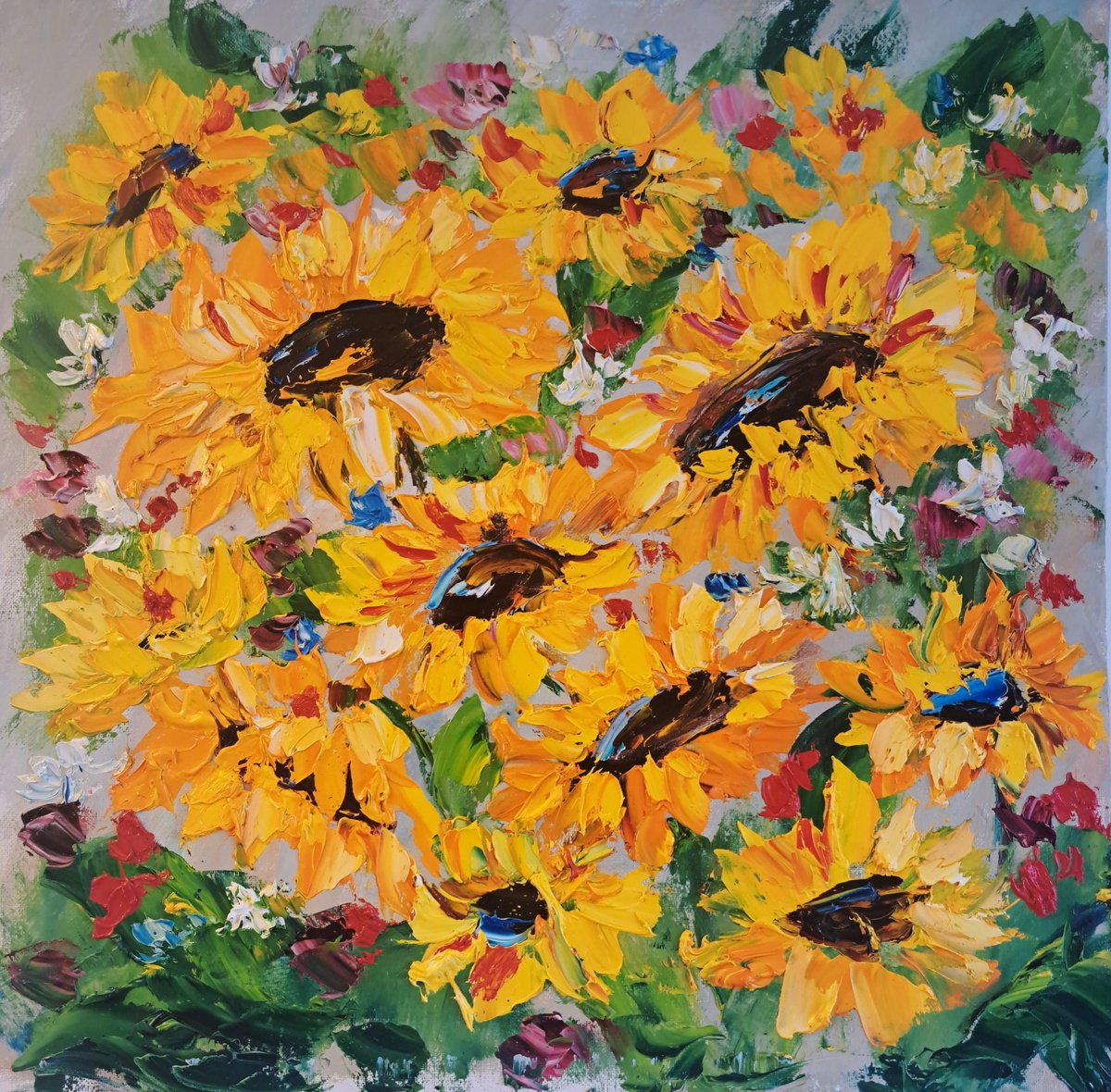 Impressionistic Botanical Oil Painting By Oksana Fedorova, 20 X 20", Wild Sunflowers, Original Artwork