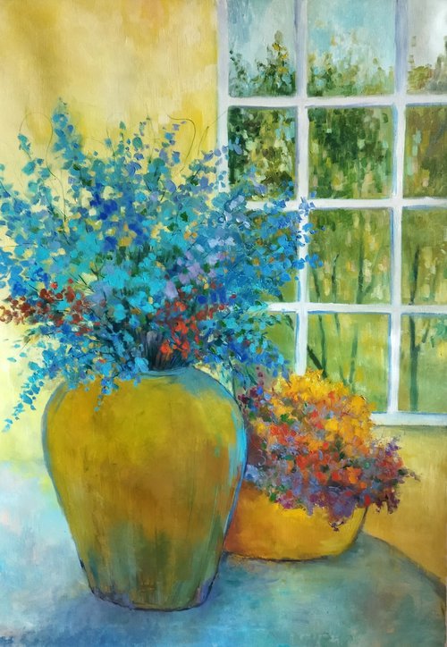 Pots with flowers on window by Ann Krasikova