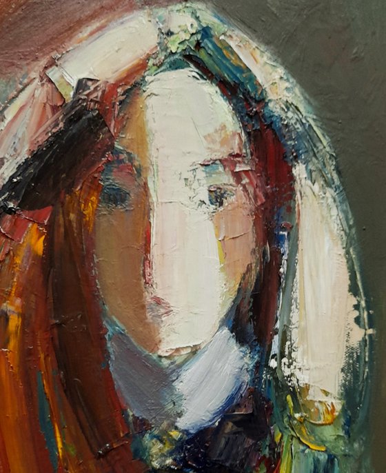 Girl in the headscarf(50x35cm, oil/canvas, abstract portrait)