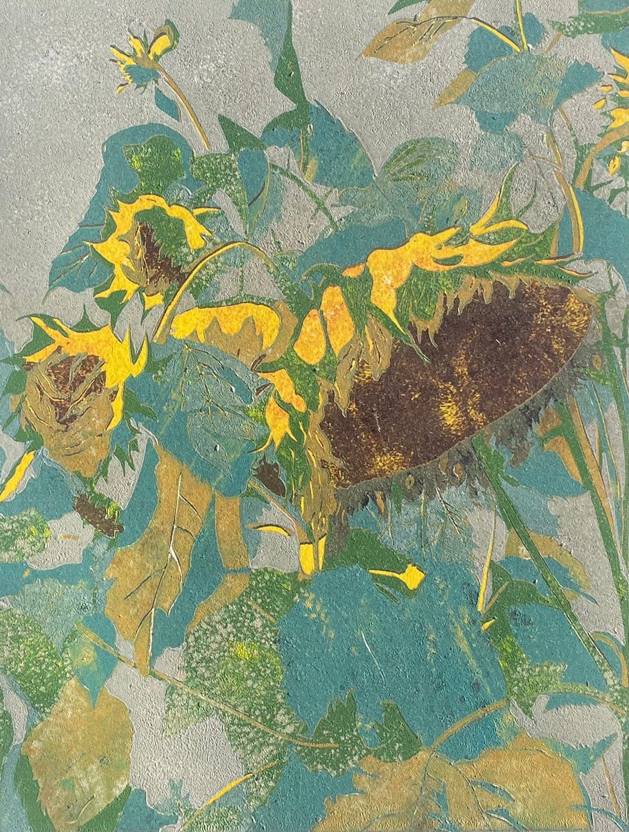 Expressive Botanical Linocut By C Staunton, 7 X 9, Linocut Print - Sunflowers, Original Artwork