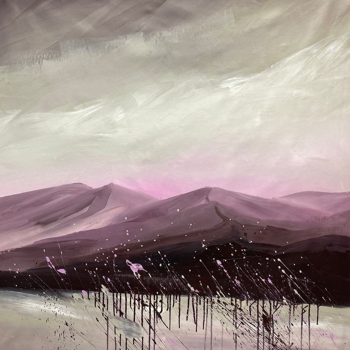 Impressionistic Landscape Acrylic Painting By Helen Mount, 35 X 35, Purple Echo, Original Artwork