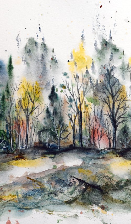 Forest in late summer - original watercolor and ink painting by Aniko Hencz