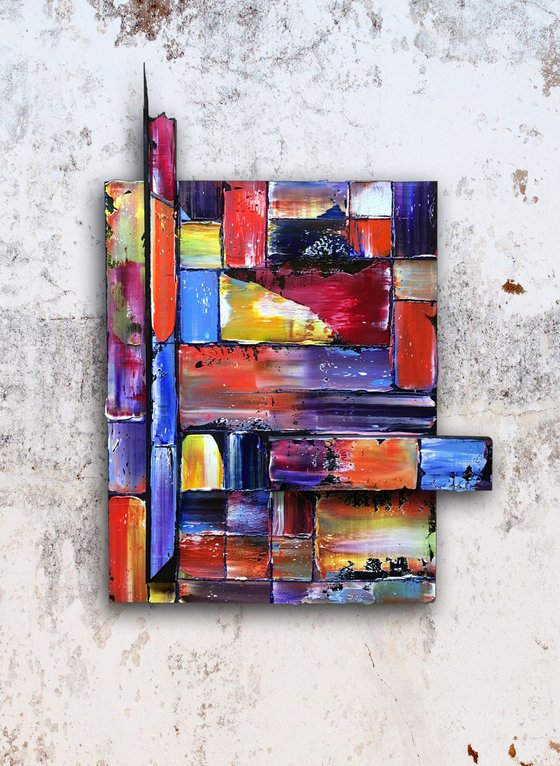 "Tetris" - Original PMS Assemblage Sculptural Painting On Wood - 18.5 x 25.5 inches