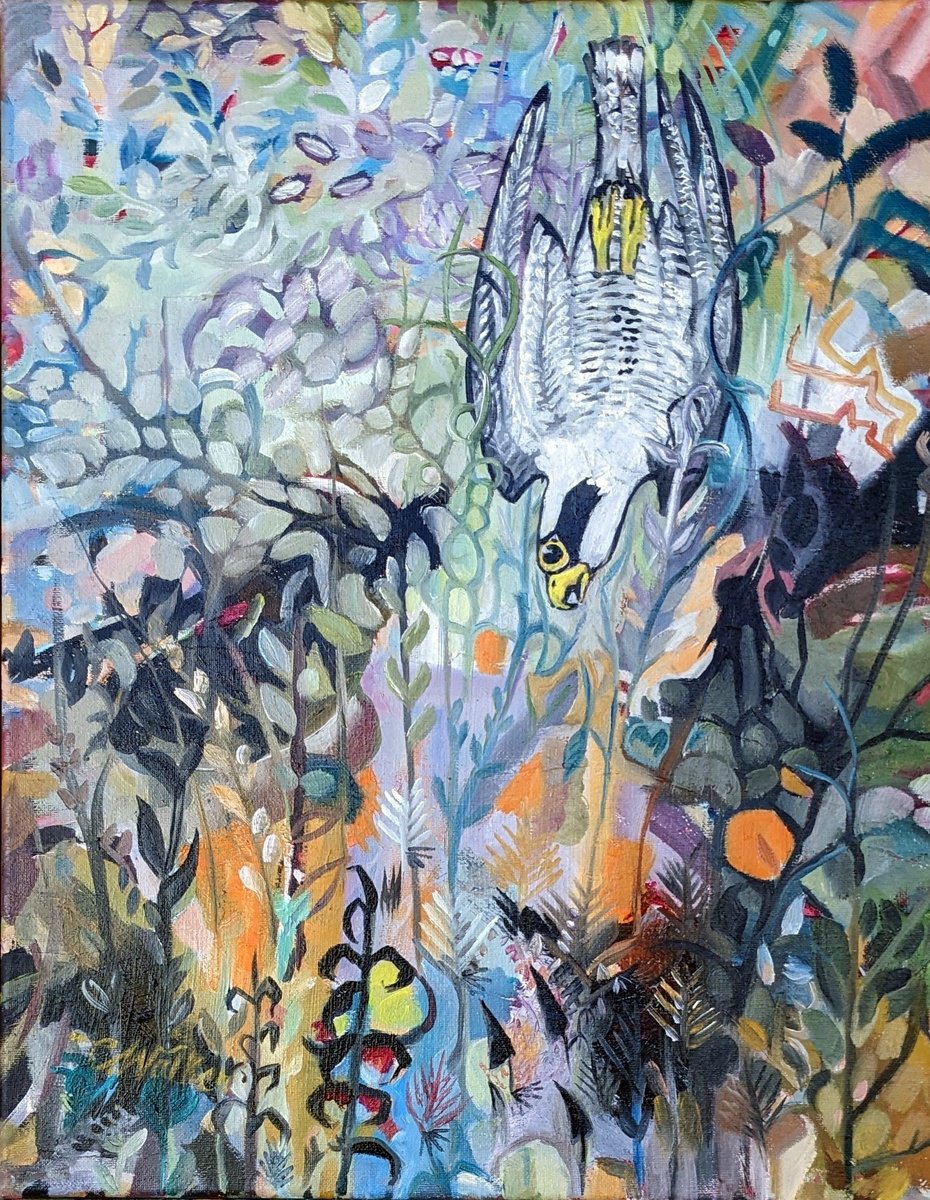 Naive Animal Oil Painting By Chris Walker, 16 X 20, Peregrine, Original Artwork