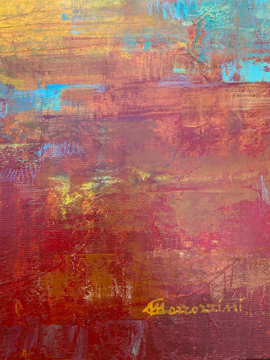 Abstract Landscape Acrylic Painting By Marcello Carrozzini, 16 X 16", A Volte Il Rosso, Original Artwork