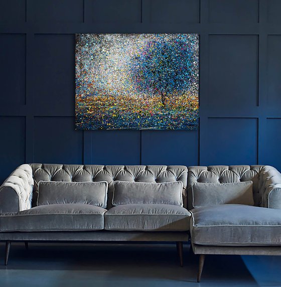 Blue white tree abstract Morning fog - READY TO HANG - 27" x 35" / 70 x 90cm.