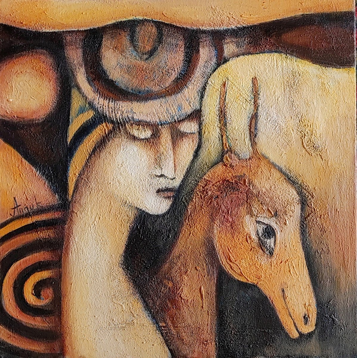 Expressive Portrait Oil Painting By Anna Soghomonyan, 13 X 13, What Are You Dreaming About, Original Artwork