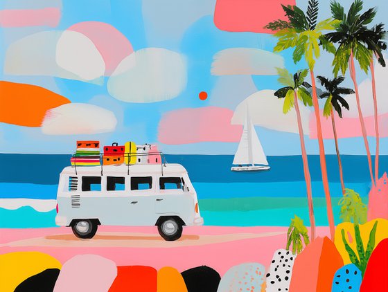 Retro Camper Van Beach