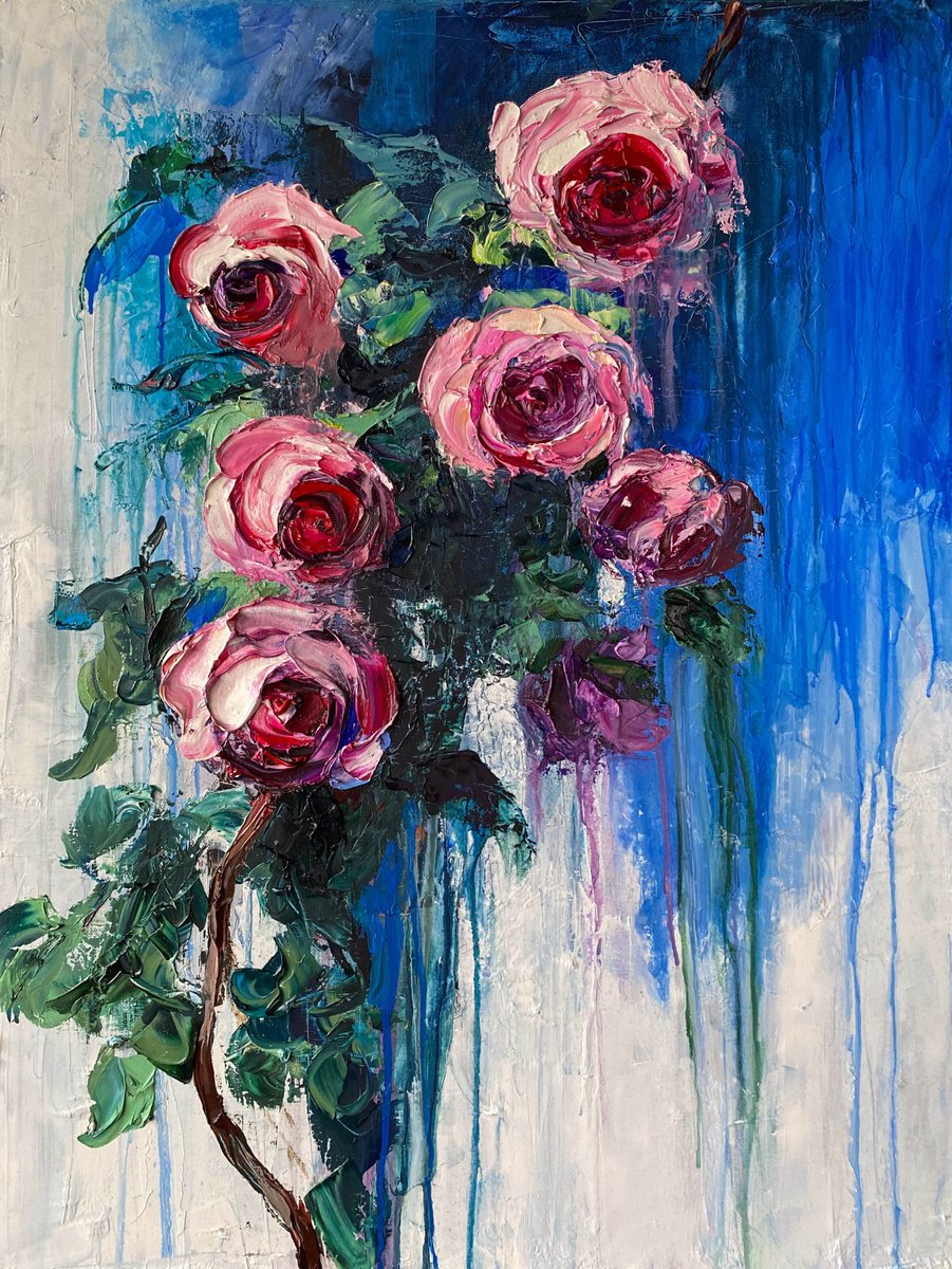 Expressive Oil Painting , Flowing Roses In Blue Ii By Mily Art, 24 X 31, Artwork For Sale On Artfinder
