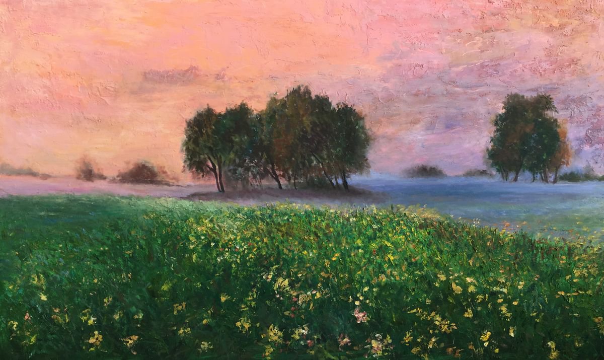 Impressionistic Landscape Oil Painting By Leo Khomich, 60 X 36", Sunrise In Rose, Original Artwork