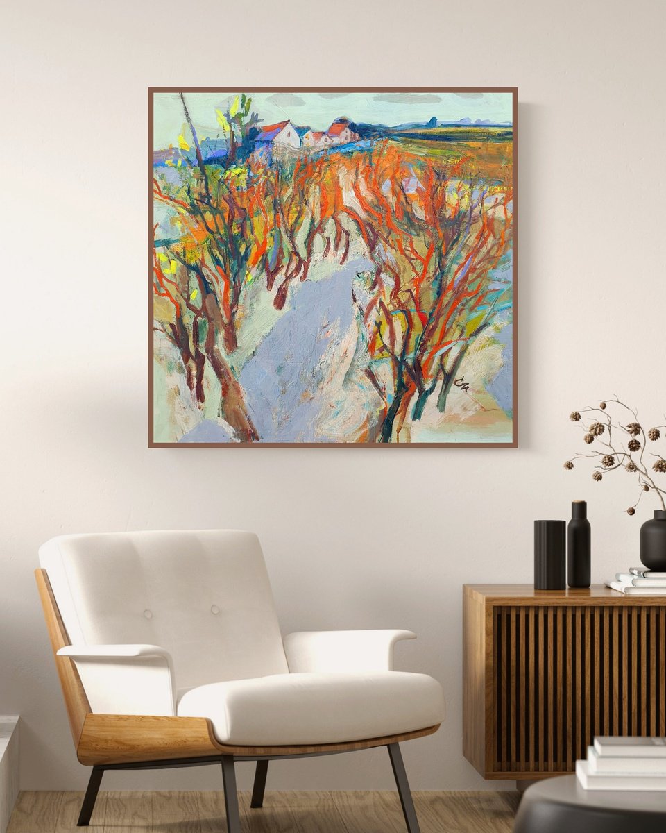 Impressionistic Landscape Oil Painting By Victoria Cozmolici, 31 X 31", The Road, Original Artwork