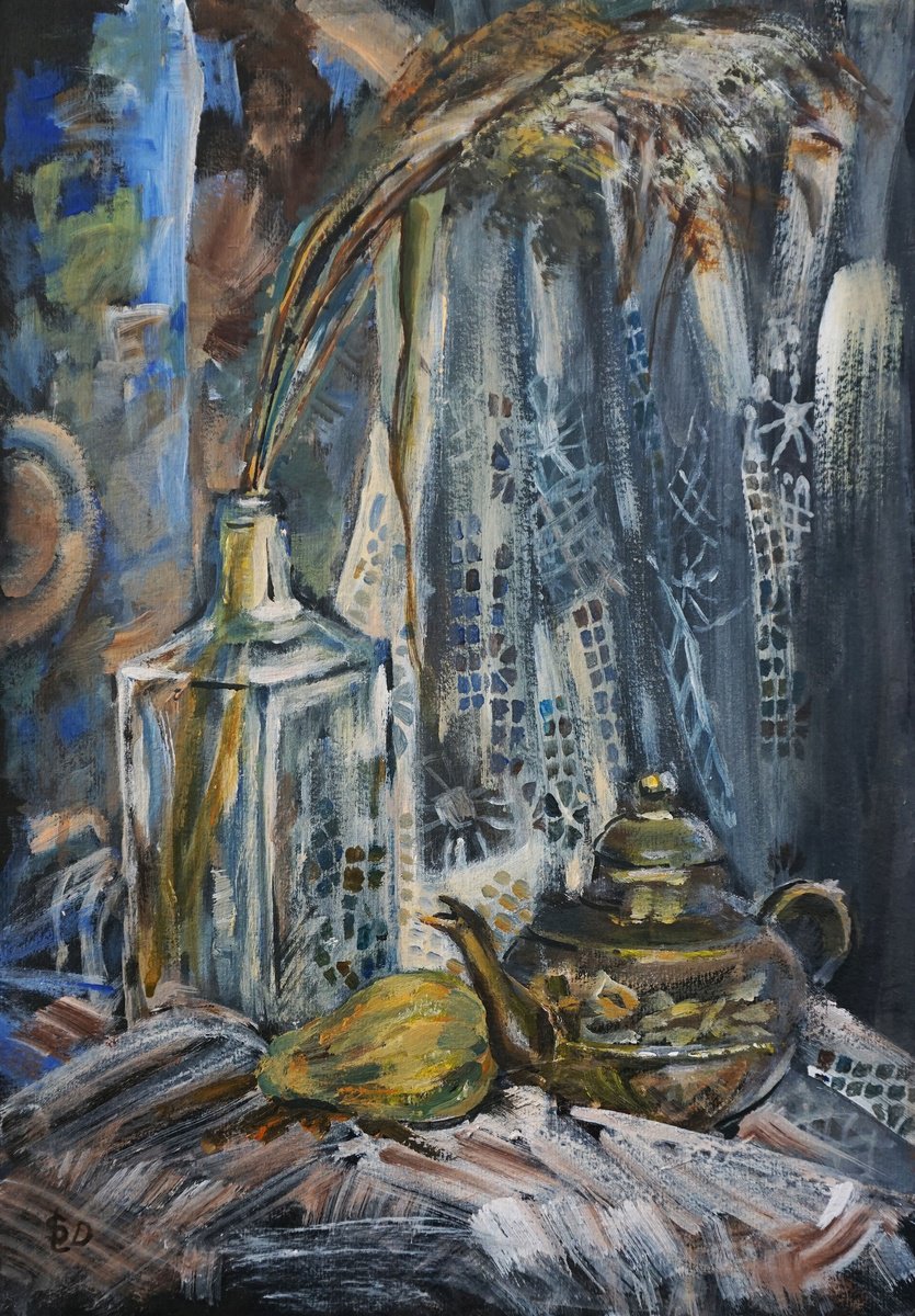 Impressionistic Still Life Acrylic Painting By Dora Stork, 14 X 20, Lacy Still Life, Original Artwork