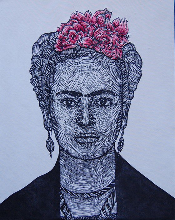 Frida (woodcut & embroidery)