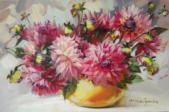 Lush Autumn Dahlia flowers oil painting on canvas, Floral still life