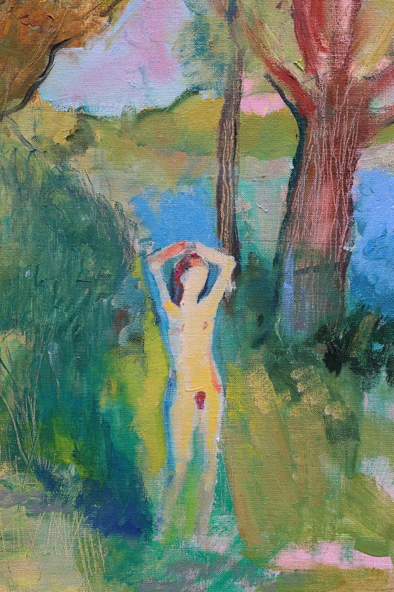 The girl is sunbathing