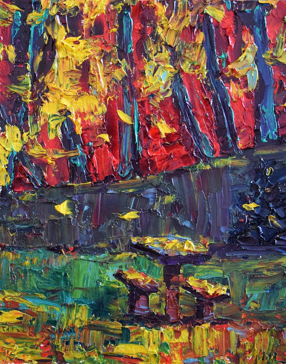 Fall landscape oil painting, abstract forest wall art, rustic home decor by Kate Grishakova