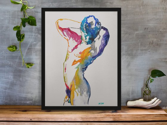 Male Nude Art Original Painting Drawing Charcoal Water Colour Nude