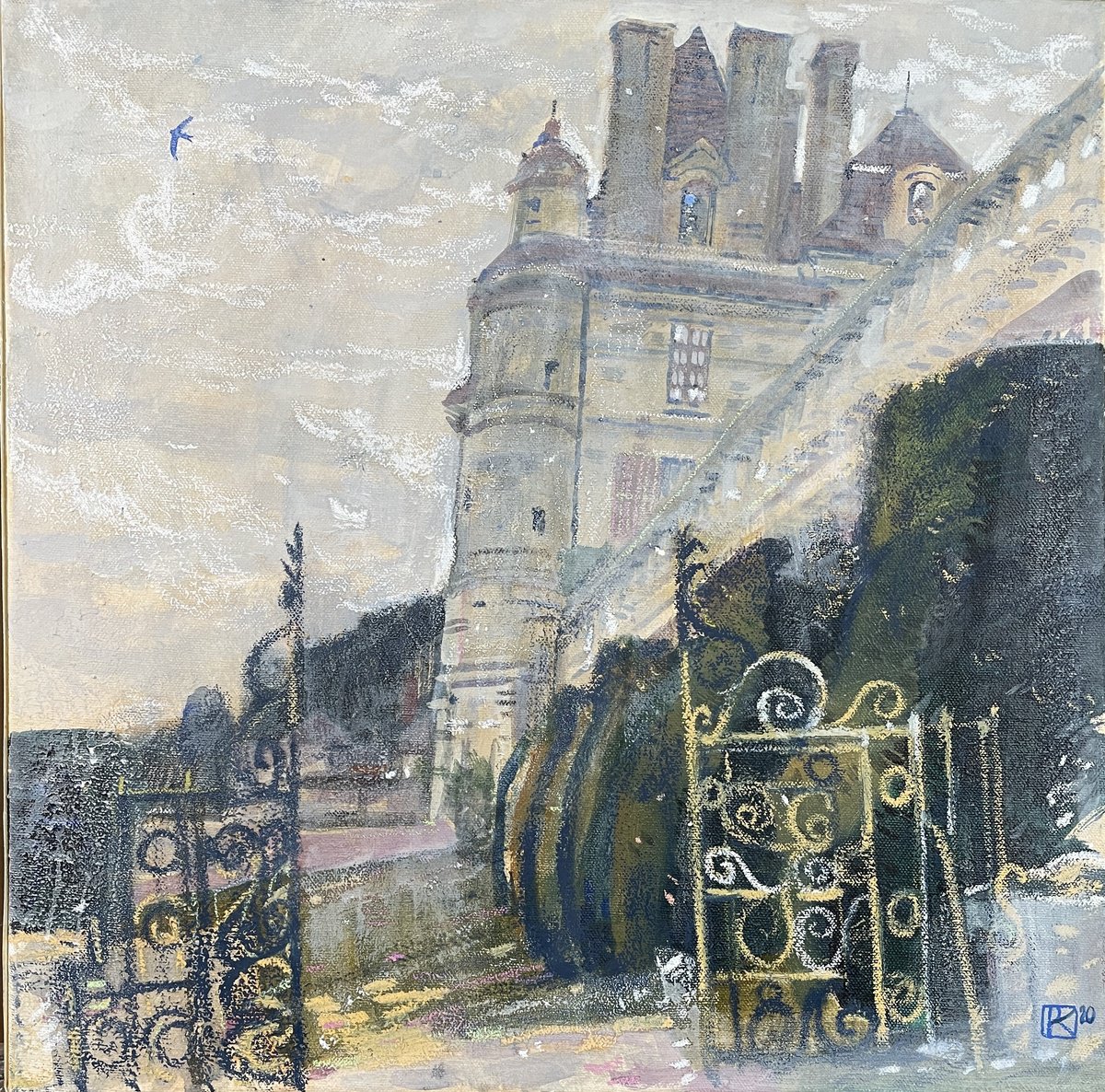 Impressionistic Cityscapes Painting By Olga Kataeva-Rochford, 16 X 16", Whistle In The Sky, Original Artwork