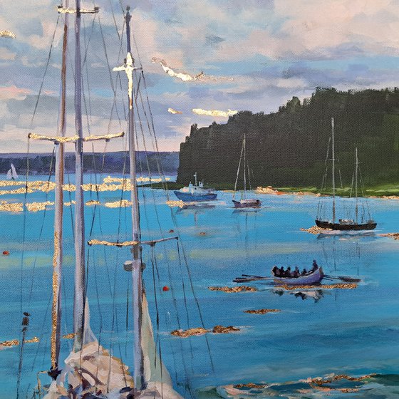 Morning on the bay (mixed-media, acrylic and gold leaf) (36x48x1.5")