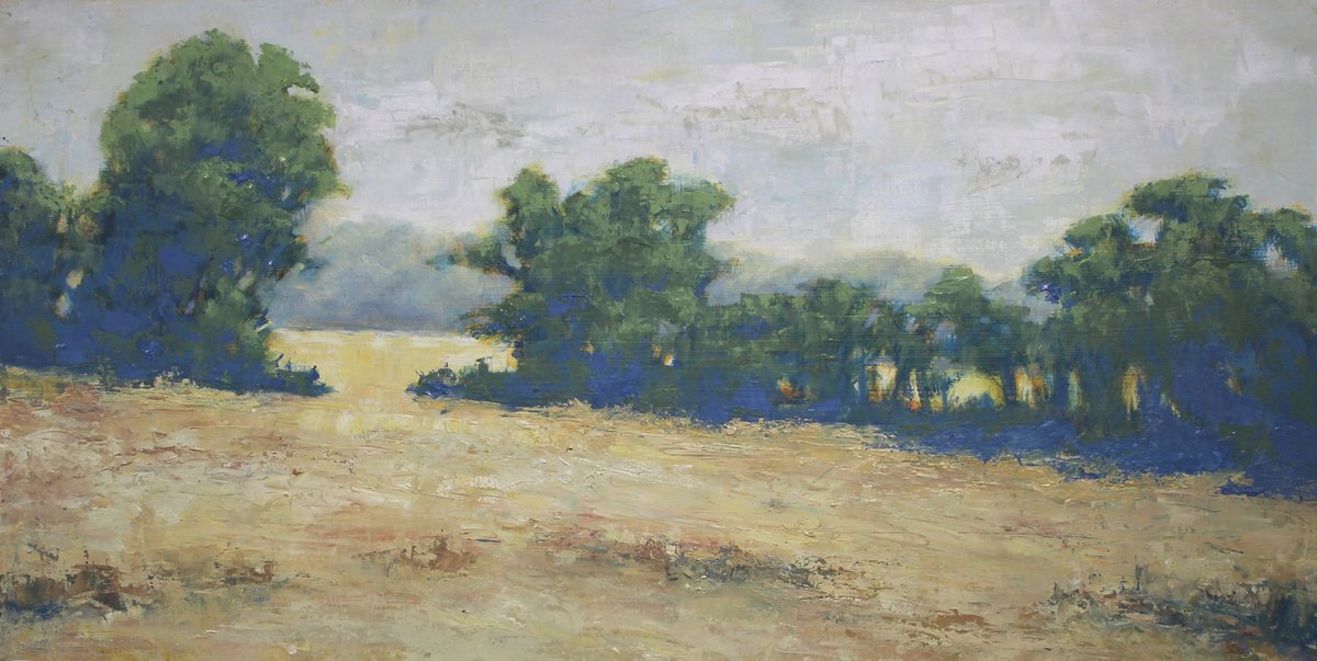 Impressionistic Landscape Oil Painting By John Fleck, 25 X 15, Harrison Road Fields, Original Artwork