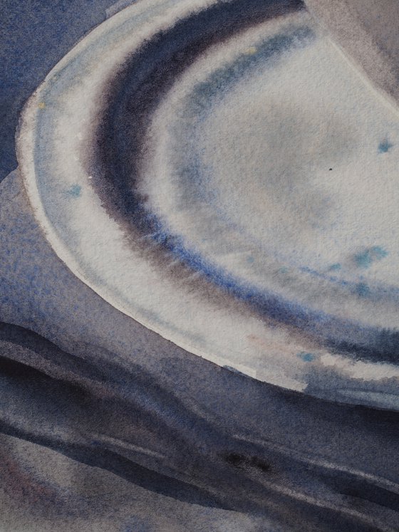 Kitchen story - gray bowls and plate - original watercolor