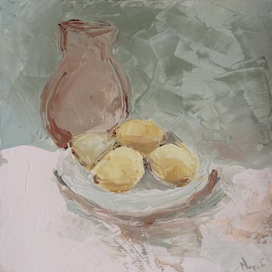 Still life fruits palette knife lemons carafe