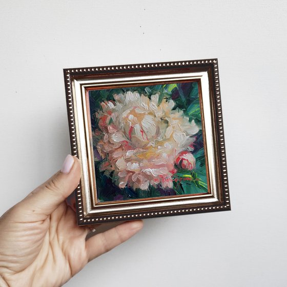 Peony oil painting original, Small art framed white flower, Unique peony wall art