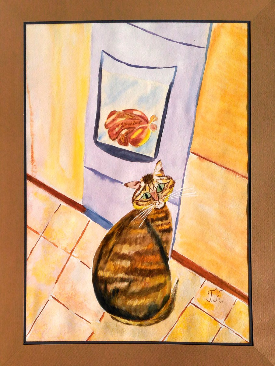 Cat Painting Animal Original Art Cat Portrait Watercolor Pet Artwork Chicken Home Wall Art... by Halyna Kirichenko