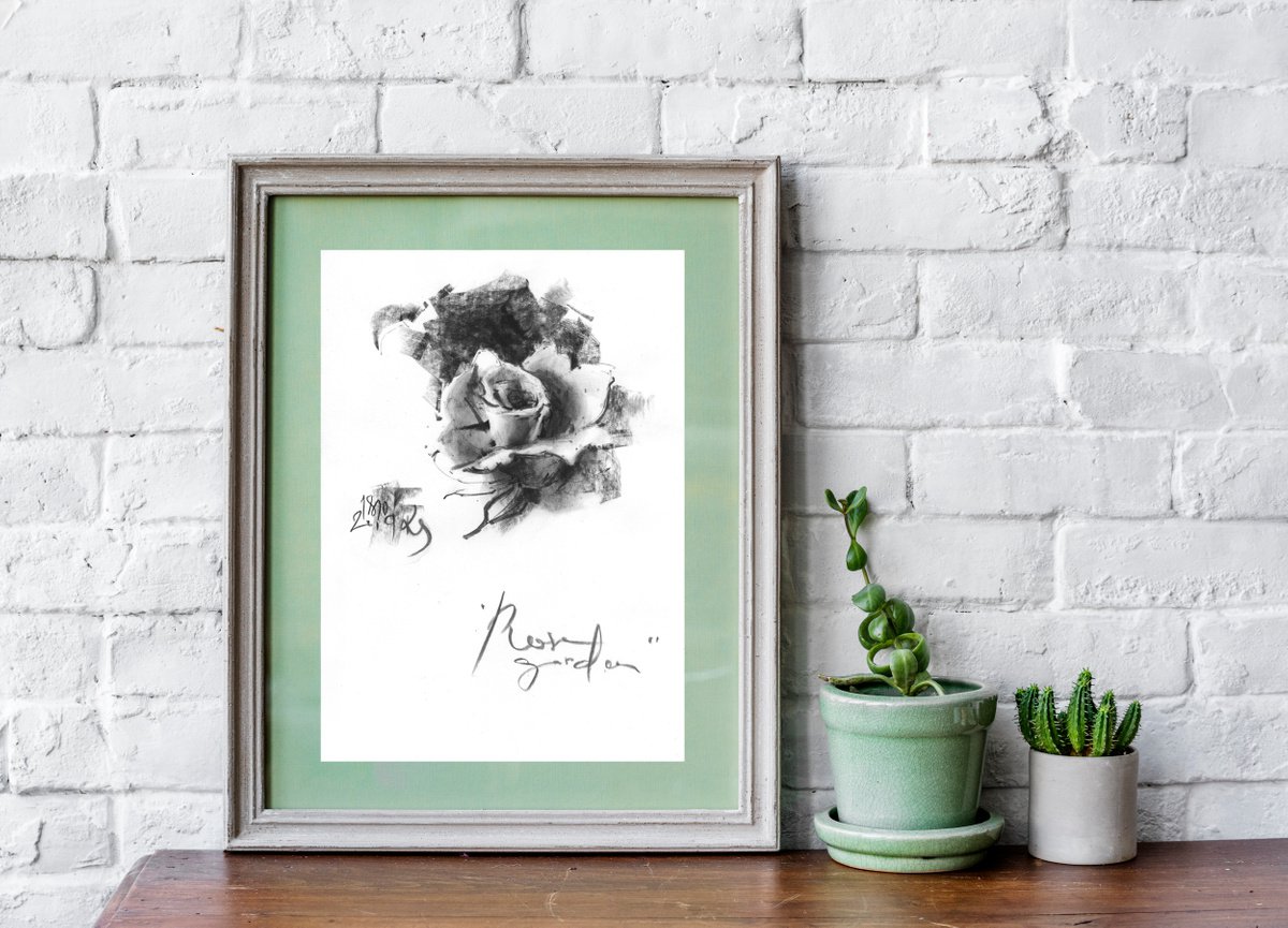 Rose garden - original charcoal sketch with calligraphic inscription by Ksenia Selianko