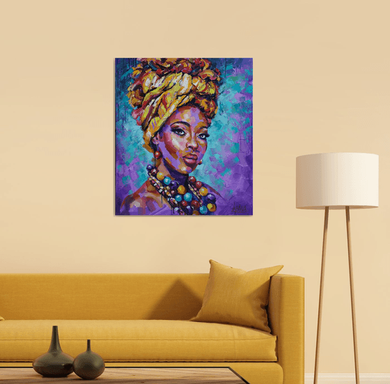 Portrait Multicolored Beads, painting african woman